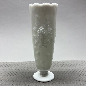 Smith 9” Grape Pattern White Milk Glass Footed Scalloped Top Lovely Vase